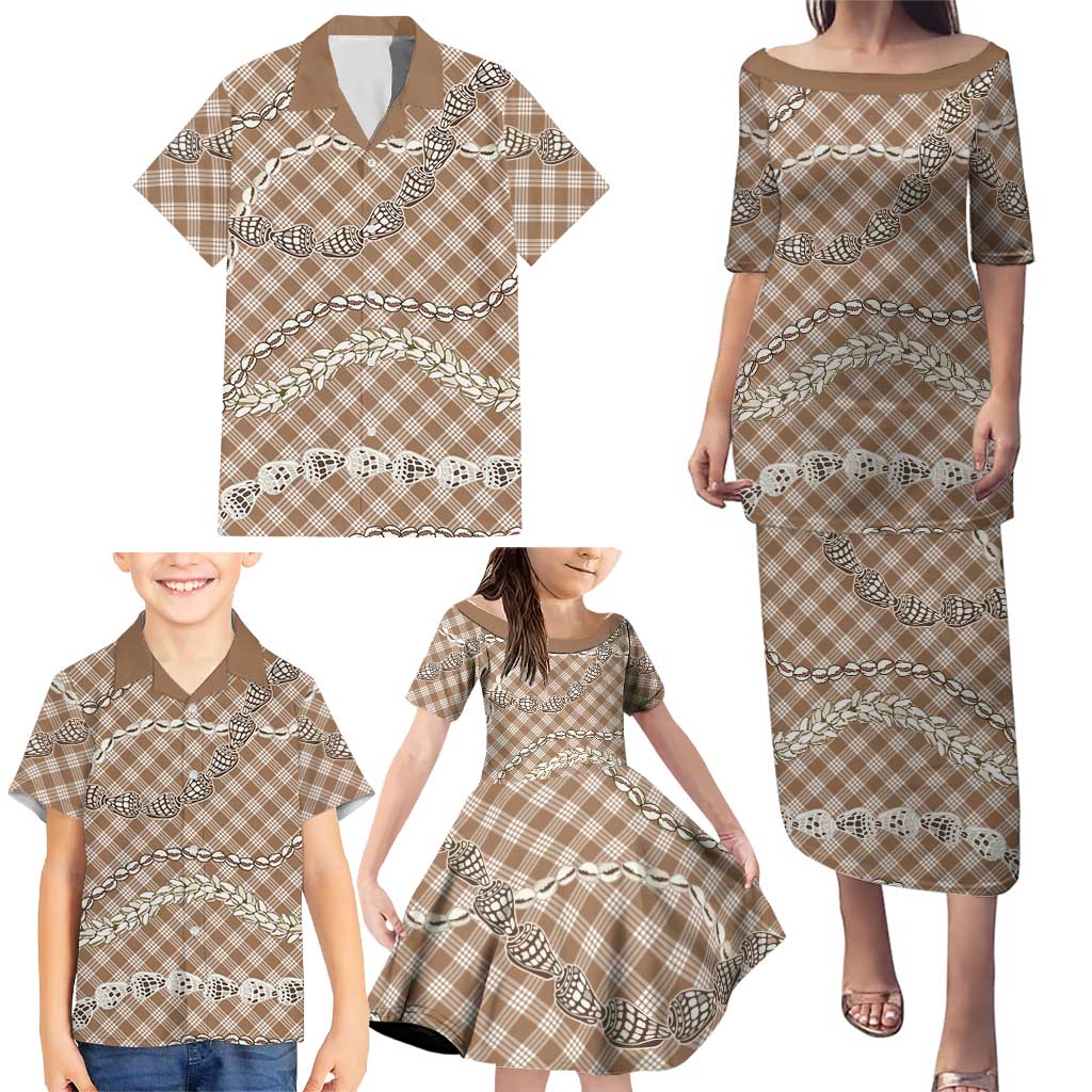 Brown Aloha Hawaii Shell Lei Family Matching Puletasi and Hawaiian Shirt Palaka Hebrew Cone Honey Cowrie Elegant Curves LT14 - Polynesian Pride