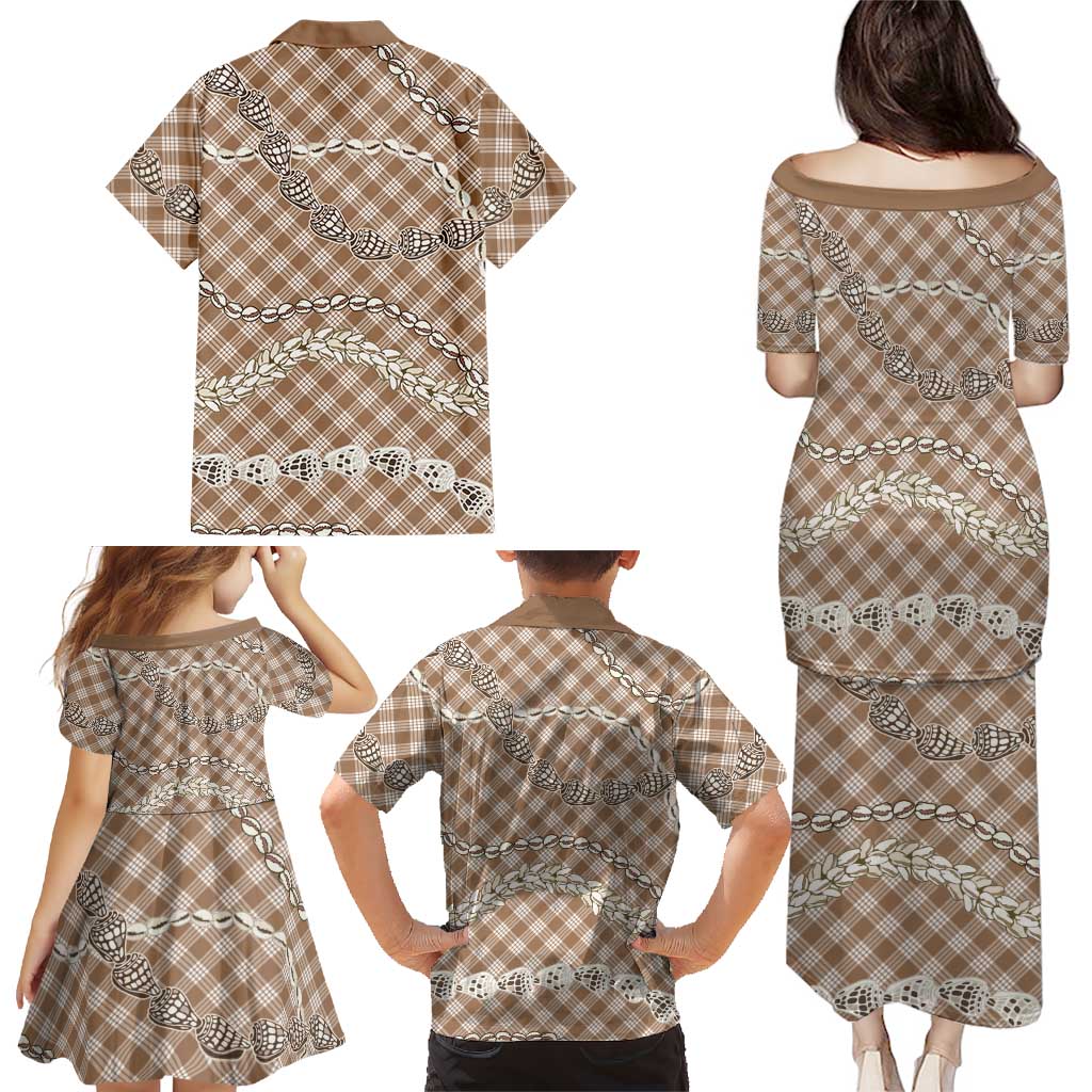 Brown Aloha Hawaii Shell Lei Family Matching Puletasi and Hawaiian Shirt Palaka Hebrew Cone Honey Cowrie Elegant Curves LT14 - Polynesian Pride