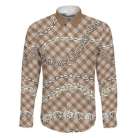 Brown Aloha Hawaii Shell Lei Family Matching Puletasi and Hawaiian Shirt Palaka Hebrew Cone Honey Cowrie Elegant Curves LT14 Dad's Shirt - Long Sleeve Brown - Polynesian Pride