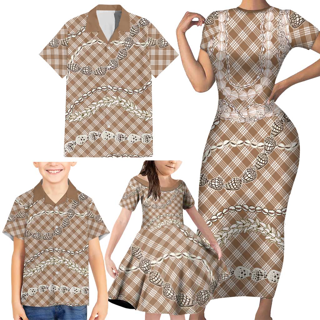 Brown Aloha Hawaii Shell Lei Family Matching Short Sleeve Bodycon Dress and Hawaiian Shirt Palaka Hebrew Cone Honey Cowrie Elegant Curves - Polynesian Pride