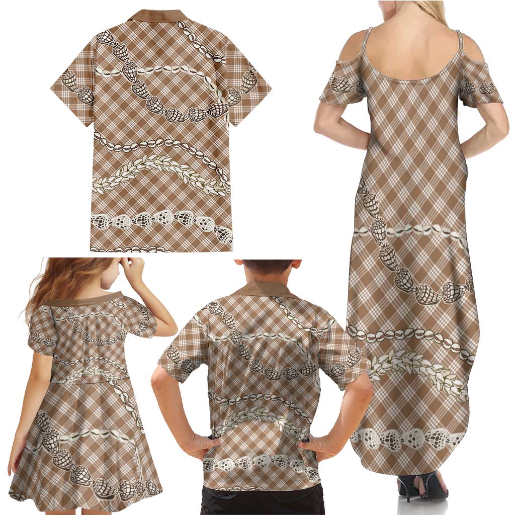 Brown Aloha Hawaii Shell Lei Family Matching Summer Maxi Dress and Hawaiian Shirt Palaka Hebrew Cone Honey Cowrie Elegant Curves LT14 - Polynesian Pride