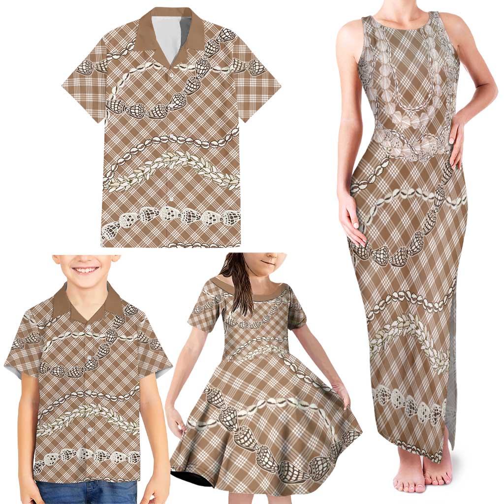 Brown Aloha Hawaii Shell Lei Family Matching Tank Maxi Dress and Hawaiian Shirt Palaka Hebrew Cone Honey Cowrie Elegant Curves - Polynesian Pride
