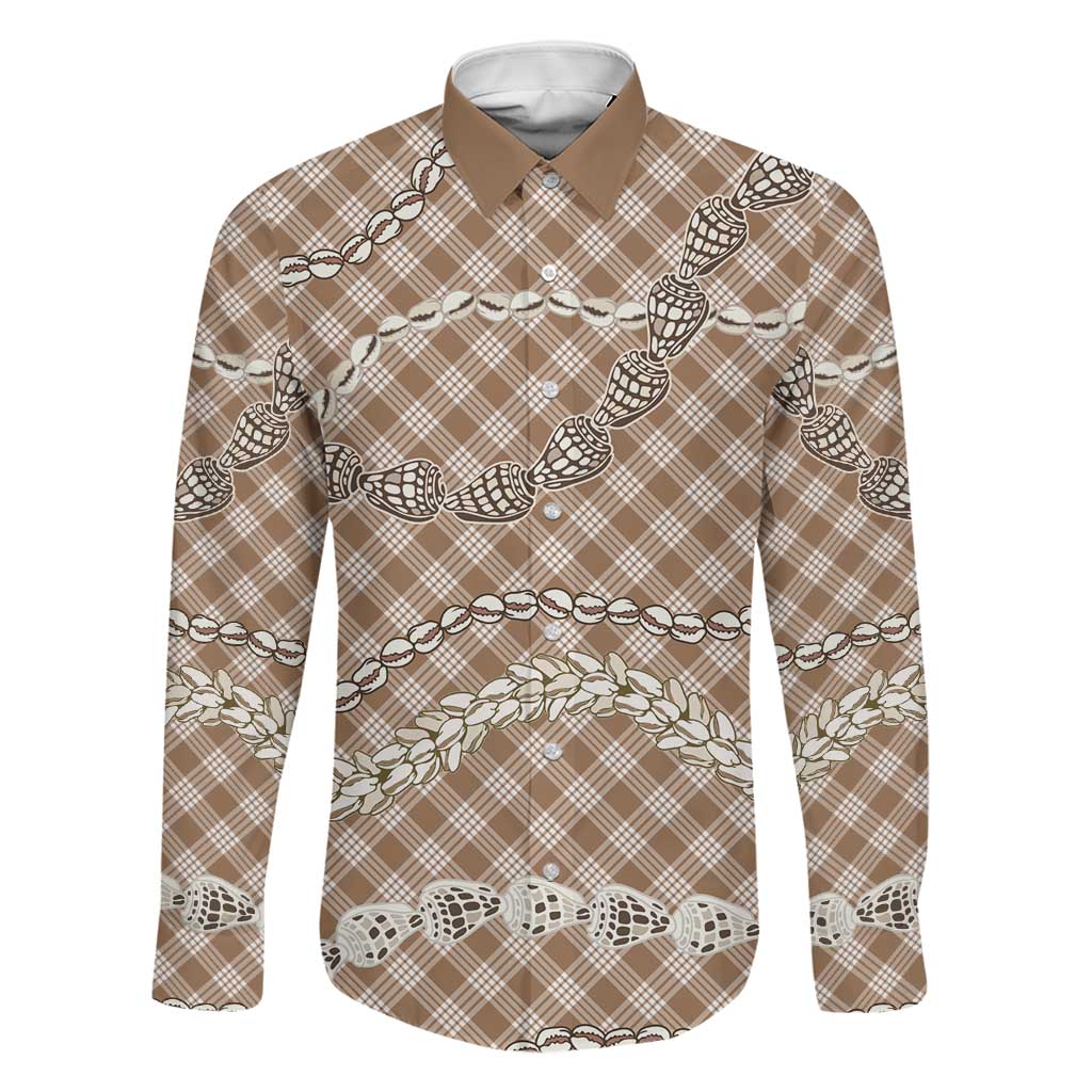 Brown Aloha Hawaii Shell Lei Family Matching Tank Maxi Dress and Hawaiian Shirt Palaka Hebrew Cone Honey Cowrie Elegant Curves LT14 Dad's Shirt - Long Sleeve Brown - Polynesian Pride