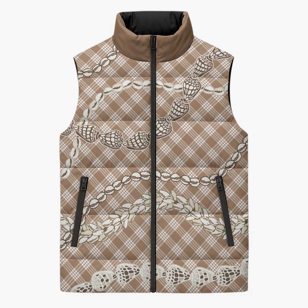 Brown Aloha Hawaii Shell Lei Sleeveless Puffer Jacket Palaka Hebrew Cone Honey Cowrie Elegant Curves - Polynesian Pride
