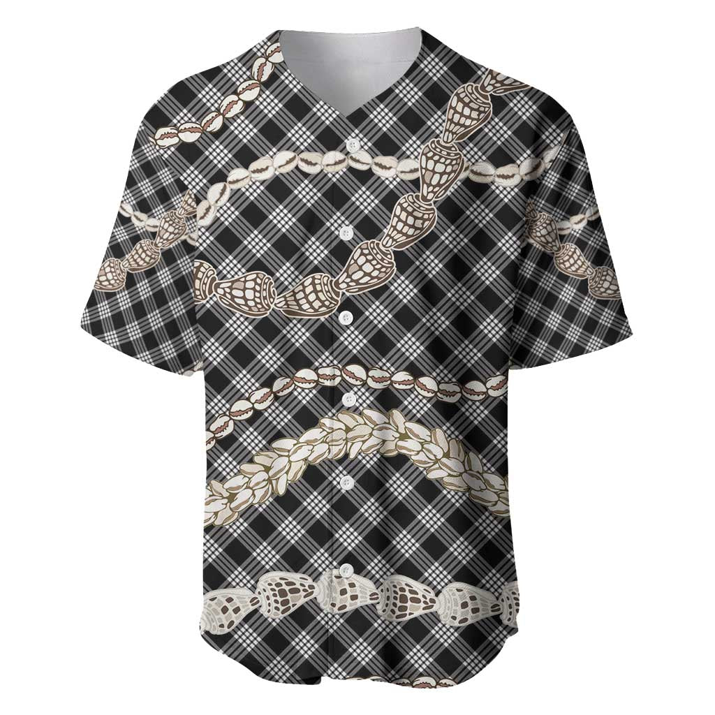 Black Aloha Hawaii Shell Lei Baseball Jersey Palaka Hebrew Cone Honey Cowrie Elegant Curves - Polynesian Pride