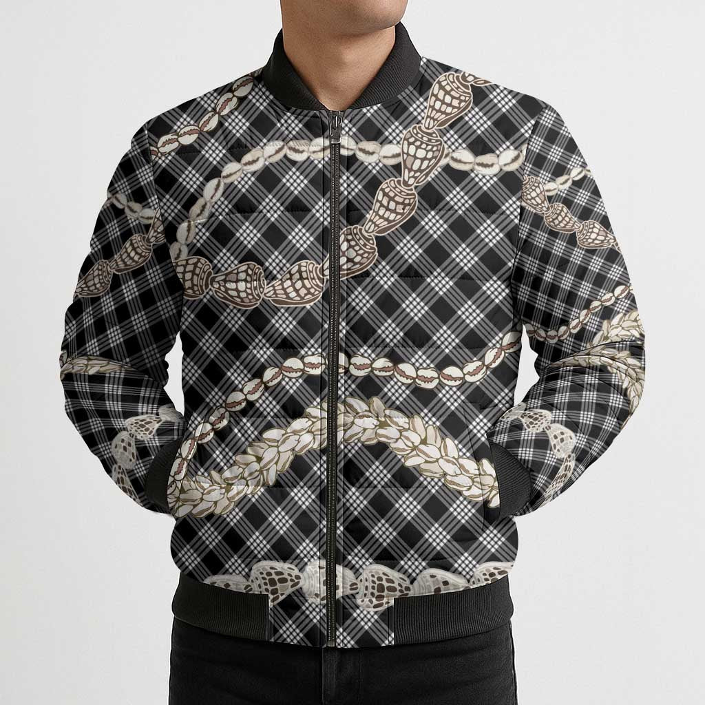 Black Aloha Hawaii Shell Lei Bomber Puffer Jacket Palaka Hebrew Cone Honey Cowrie Elegant Curves - Polynesian Pride