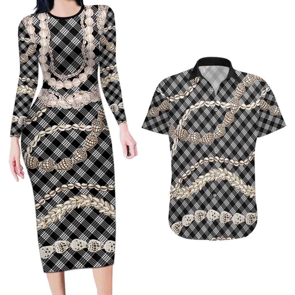 Black Aloha Hawaii Shell Lei Couples Matching Long Sleeve Bodycon Dress and Hawaiian Shirt Palaka Hebrew Cone Honey Cowrie Elegant Curves - Polynesian Pride
