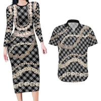 Black Aloha Hawaii Shell Lei Couples Matching Long Sleeve Bodycon Dress and Hawaiian Shirt Palaka Hebrew Cone Honey Cowrie Elegant Curves LT14 Black - Polynesian Pride