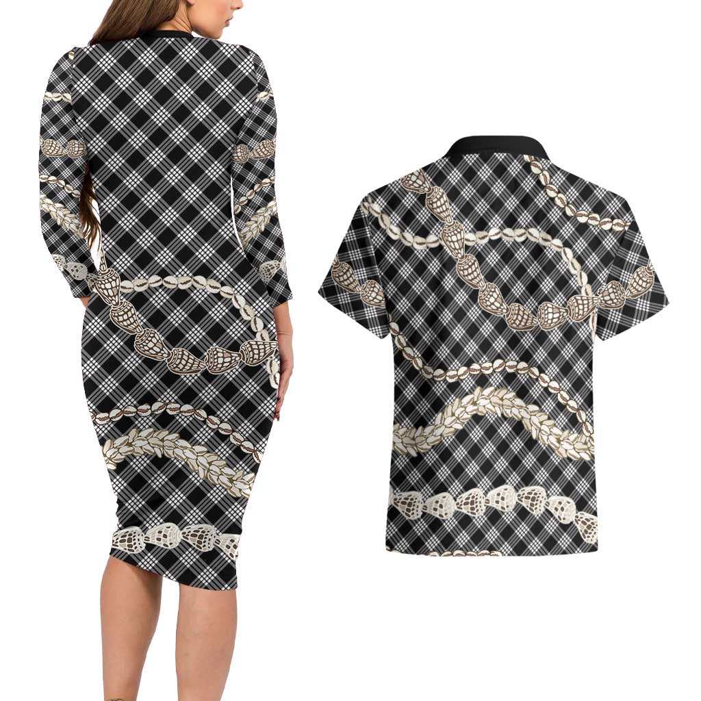Black Aloha Hawaii Shell Lei Couples Matching Long Sleeve Bodycon Dress and Hawaiian Shirt Palaka Hebrew Cone Honey Cowrie Elegant Curves LT14 - Polynesian Pride