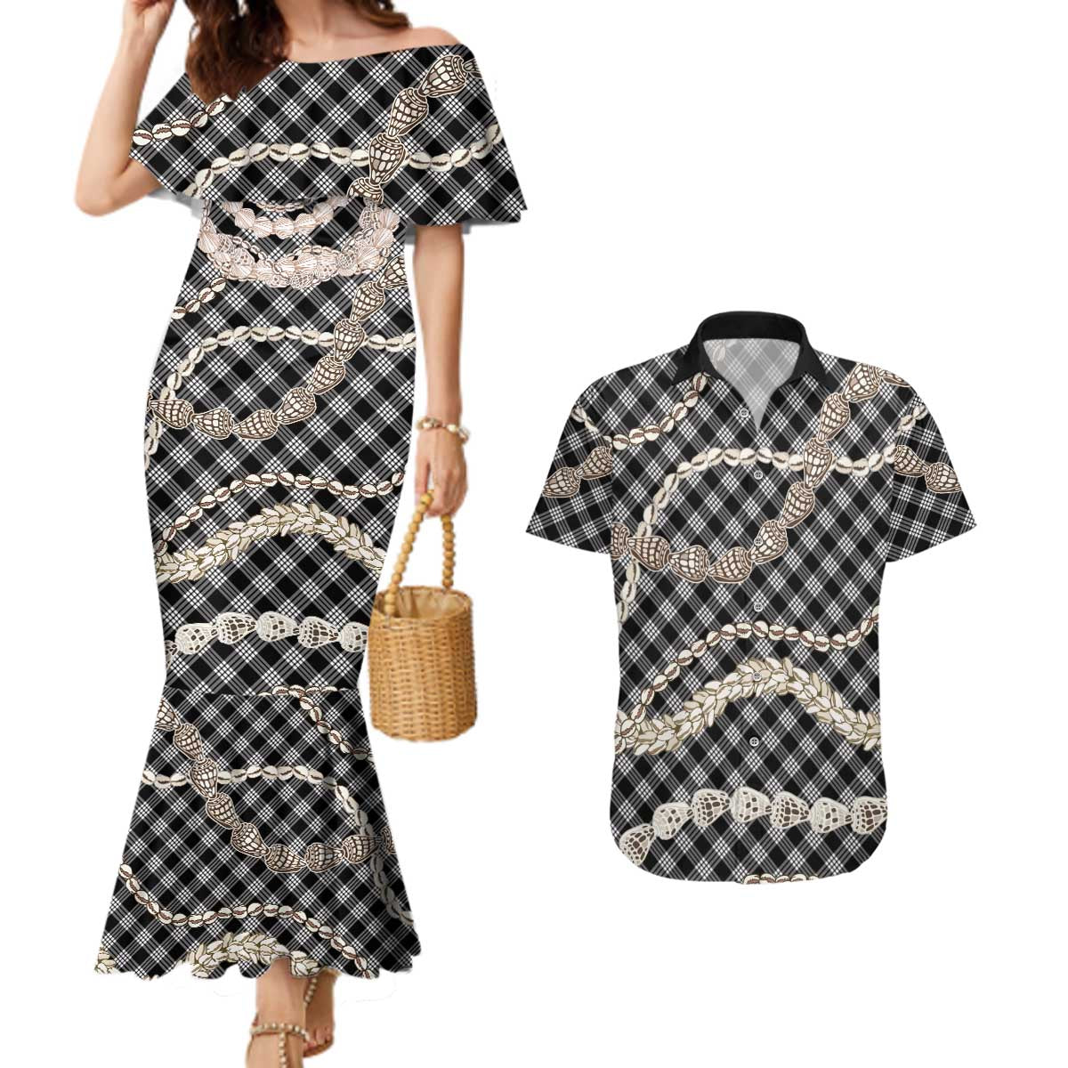 Black Aloha Hawaii Shell Lei Couples Matching Mermaid Dress and Hawaiian Shirt Palaka Hebrew Cone Honey Cowrie Elegant Curves - Polynesian Pride