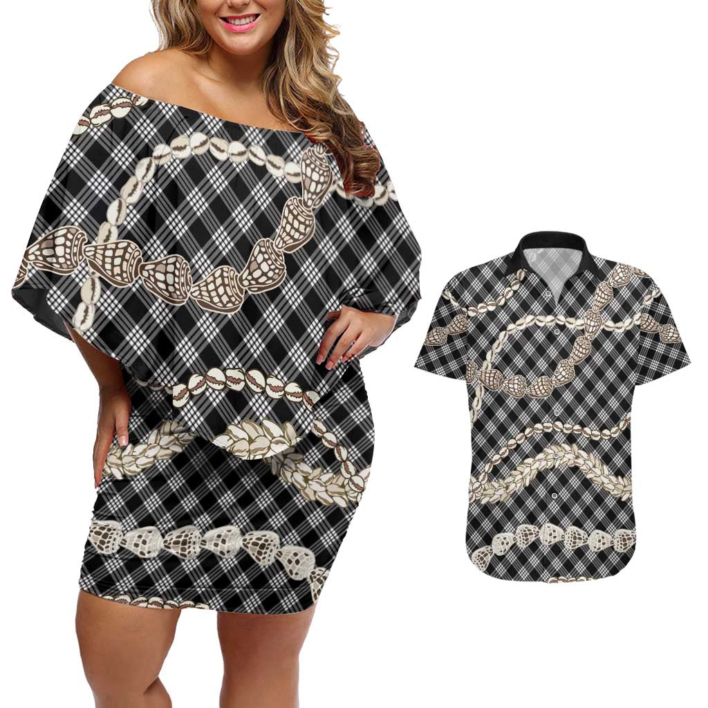 Black Aloha Hawaii Shell Lei Couples Matching Off Shoulder Short Dress and Hawaiian Shirt Palaka Hebrew Cone Honey Cowrie Elegant Curves - Polynesian Pride