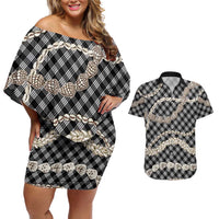 Black Aloha Hawaii Shell Lei Couples Matching Off Shoulder Short Dress and Hawaiian Shirt Palaka Hebrew Cone Honey Cowrie Elegant Curves - Polynesian Pride