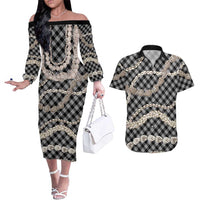 Black Aloha Hawaii Shell Lei Couples Matching Off The Shoulder Long Sleeve Dress and Hawaiian Shirt Palaka Hebrew Cone Honey Cowrie Elegant Curves LT14 Black - Polynesian Pride