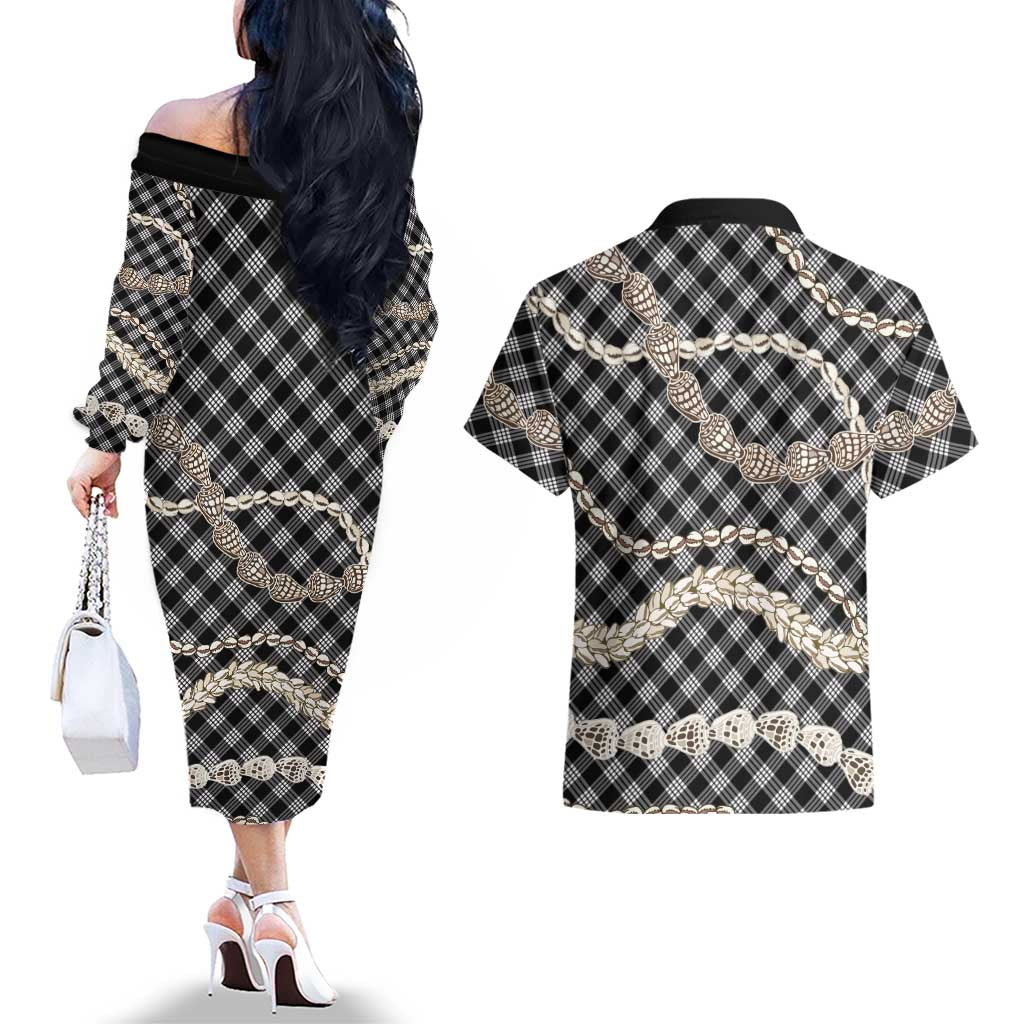 Black Aloha Hawaii Shell Lei Couples Matching Off The Shoulder Long Sleeve Dress and Hawaiian Shirt Palaka Hebrew Cone Honey Cowrie Elegant Curves LT14 - Polynesian Pride
