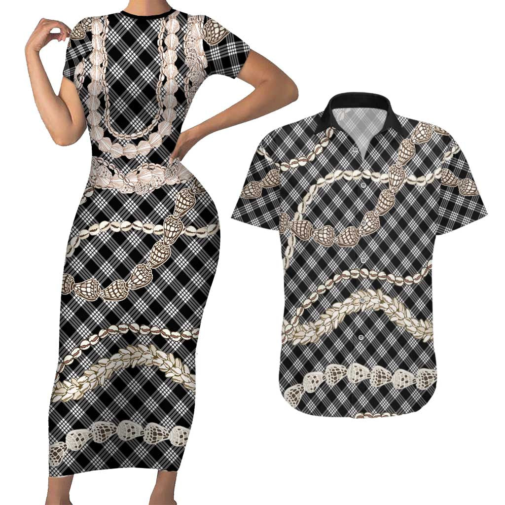 Black Aloha Hawaii Shell Lei Couples Matching Short Sleeve Bodycon Dress and Hawaiian Shirt Palaka Hebrew Cone Honey Cowrie Elegant Curves - Polynesian Pride