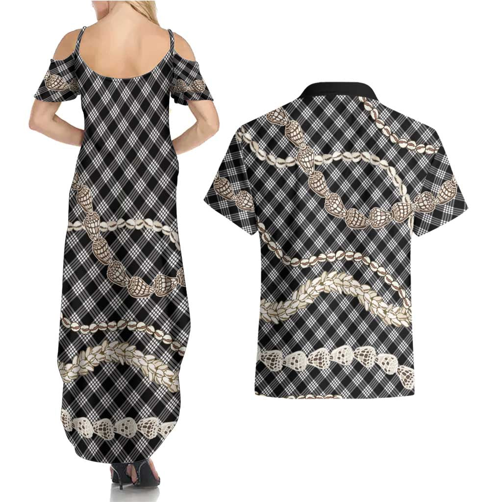 Black Aloha Hawaii Shell Lei Couples Matching Summer Maxi Dress and Hawaiian Shirt Palaka Hebrew Cone Honey Cowrie Elegant Curves - Polynesian Pride