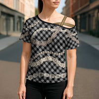 Black Aloha Hawaii Shell Lei Cross Shoulder Shirt Palaka Hebrew Cone Honey Cowrie Elegant Curves - Polynesian Pride