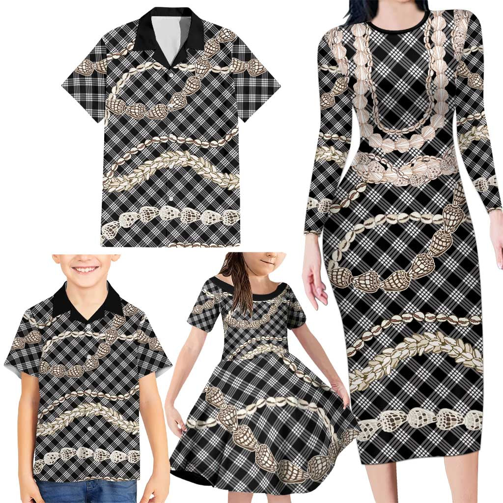 Black Aloha Hawaii Shell Lei Family Matching Long Sleeve Bodycon Dress and Hawaiian Shirt Palaka Hebrew Cone Honey Cowrie Elegant Curves - Polynesian Pride