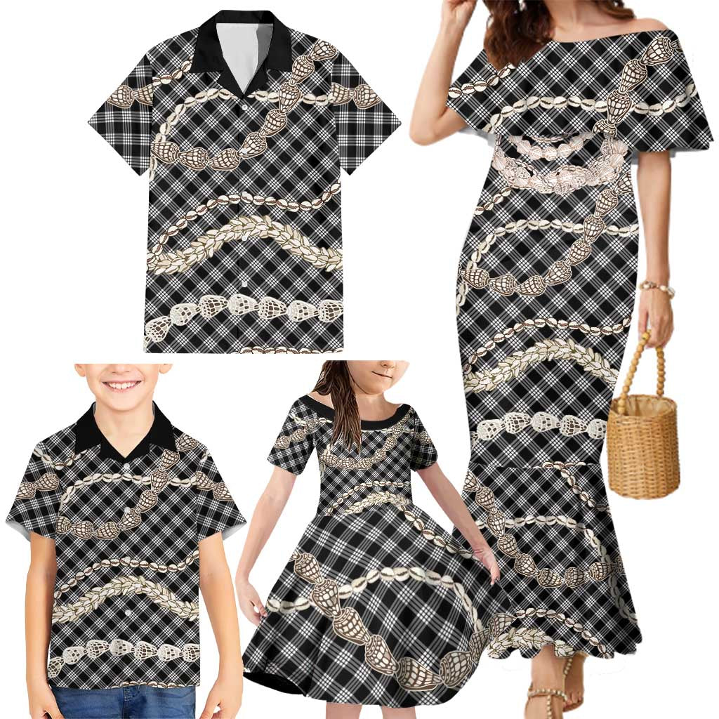 Black Aloha Hawaii Shell Lei Family Matching Mermaid Dress and Hawaiian Shirt Palaka Hebrew Cone Honey Cowrie Elegant Curves LT14 - Polynesian Pride