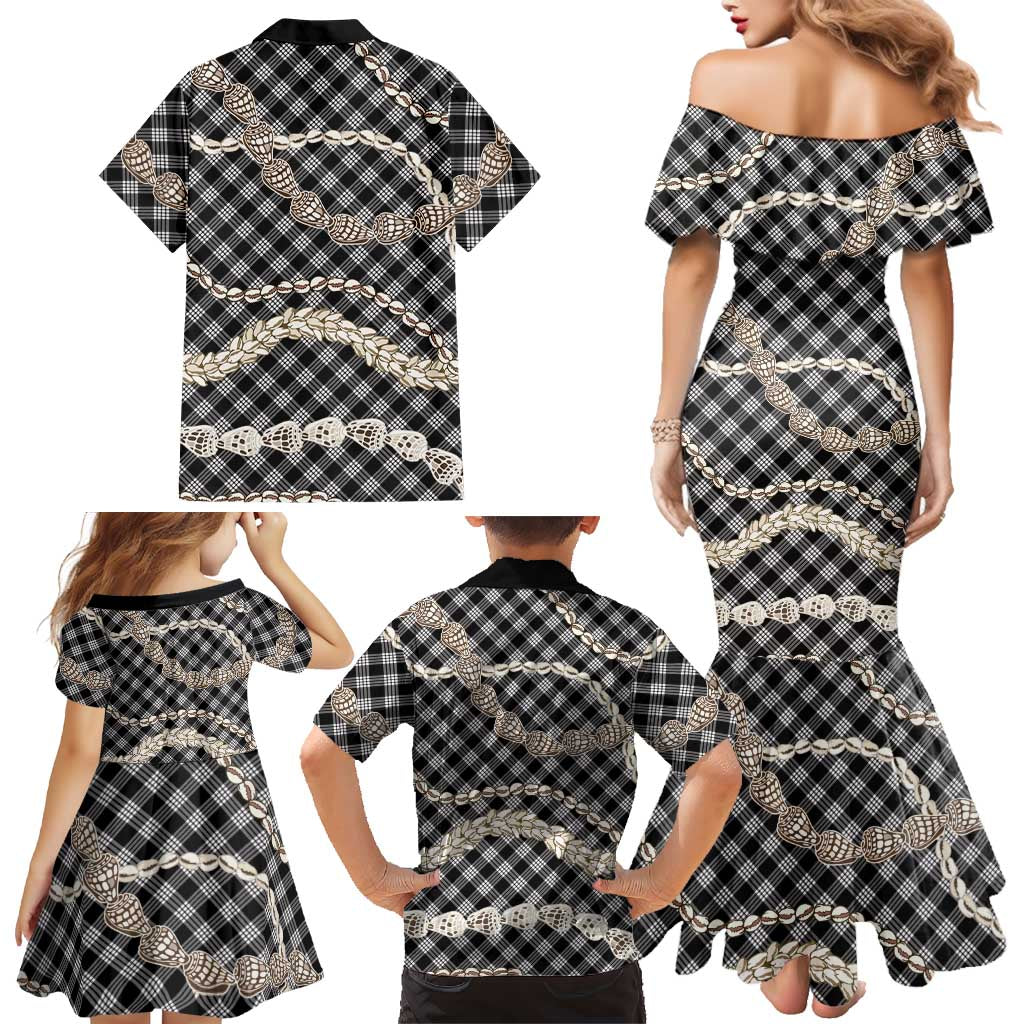 Black Aloha Hawaii Shell Lei Family Matching Mermaid Dress and Hawaiian Shirt Palaka Hebrew Cone Honey Cowrie Elegant Curves LT14 - Polynesian Pride
