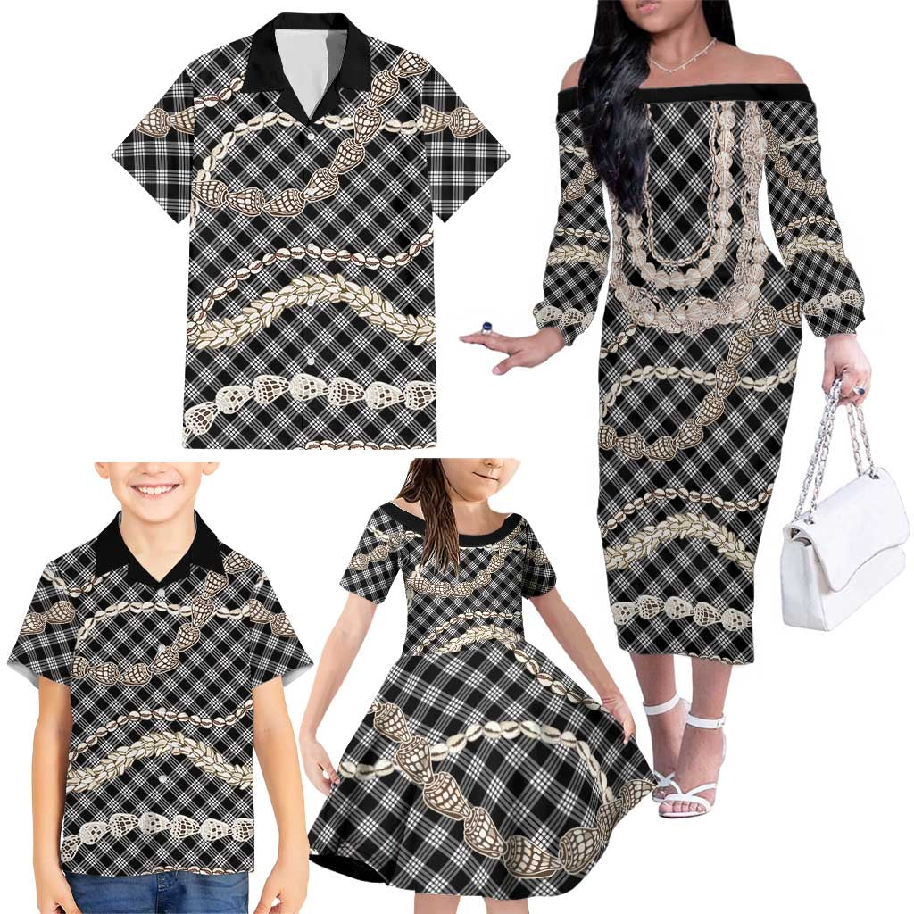 Black Aloha Hawaii Shell Lei Family Matching Off The Shoulder Long Sleeve Dress and Hawaiian Shirt Palaka Hebrew Cone Honey Cowrie Elegant Curves LT14 - Polynesian Pride