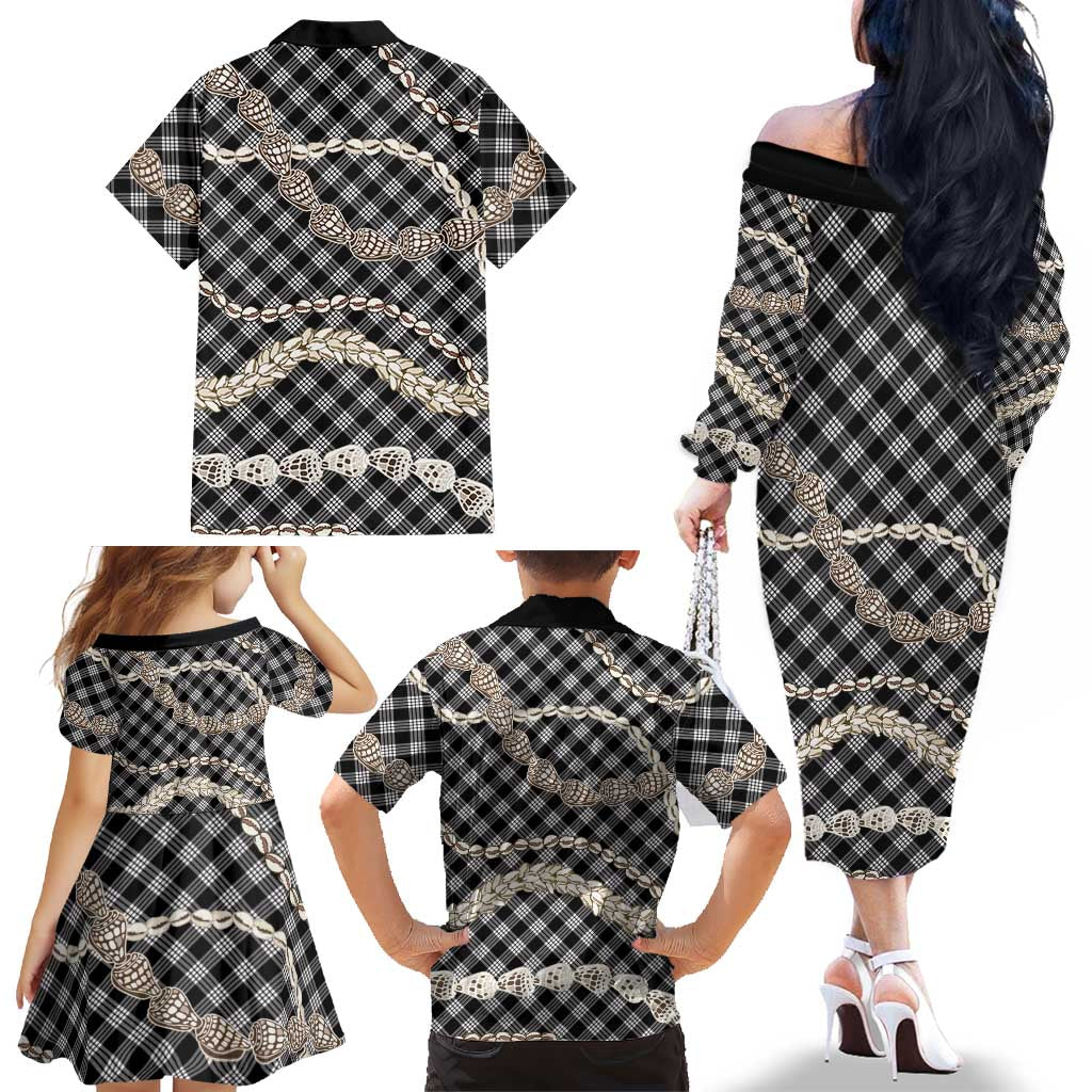 Black Aloha Hawaii Shell Lei Family Matching Off The Shoulder Long Sleeve Dress and Hawaiian Shirt Palaka Hebrew Cone Honey Cowrie Elegant Curves LT14 - Polynesian Pride