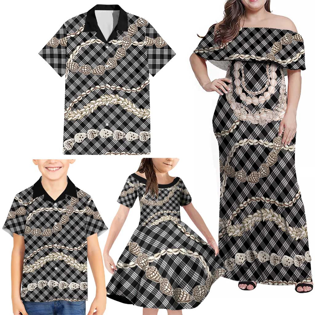 Black Aloha Hawaii Shell Lei Family Matching Off Shoulder Maxi Dress and Hawaiian Shirt Palaka Hebrew Cone Honey Cowrie Elegant Curves LT14 - Polynesian Pride