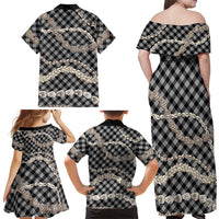 Black Aloha Hawaii Shell Lei Family Matching Off Shoulder Maxi Dress and Hawaiian Shirt Palaka Hebrew Cone Honey Cowrie Elegant Curves LT14 - Polynesian Pride