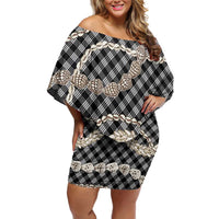 Black Aloha Hawaii Shell Lei Family Matching Off Shoulder Short Dress and Hawaiian Shirt Palaka Hebrew Cone Honey Cowrie Elegant Curves LT14 Mom's Dress Black - Polynesian Pride