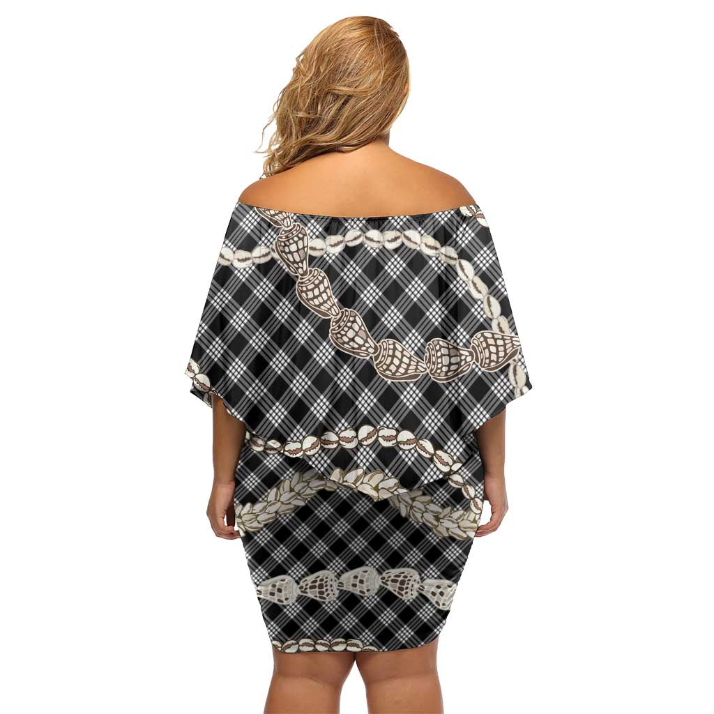 Black Aloha Hawaii Shell Lei Family Matching Off Shoulder Short Dress and Hawaiian Shirt Palaka Hebrew Cone Honey Cowrie Elegant Curves LT14 - Polynesian Pride