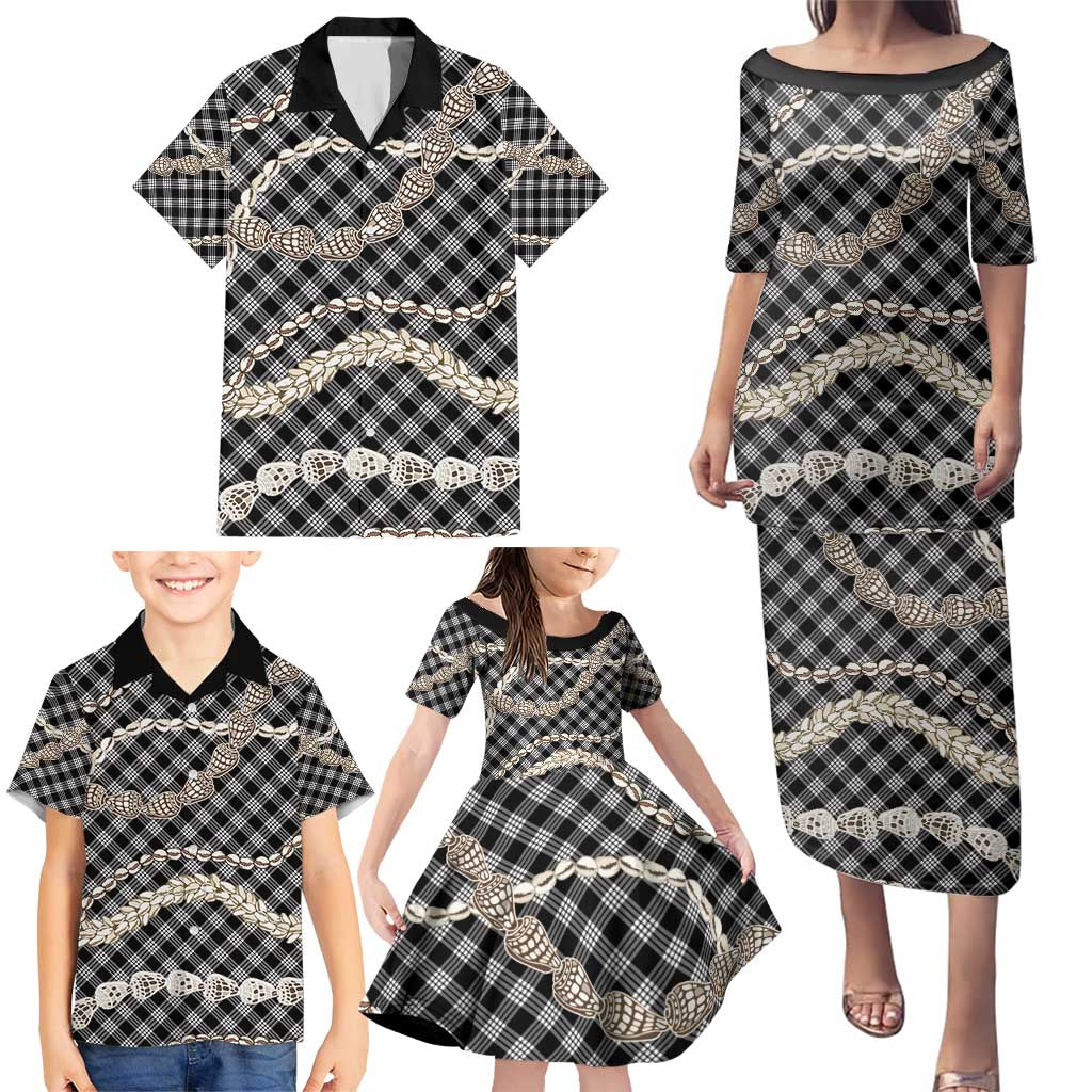 Black Aloha Hawaii Shell Lei Family Matching Puletasi and Hawaiian Shirt Palaka Hebrew Cone Honey Cowrie Elegant Curves - Polynesian Pride