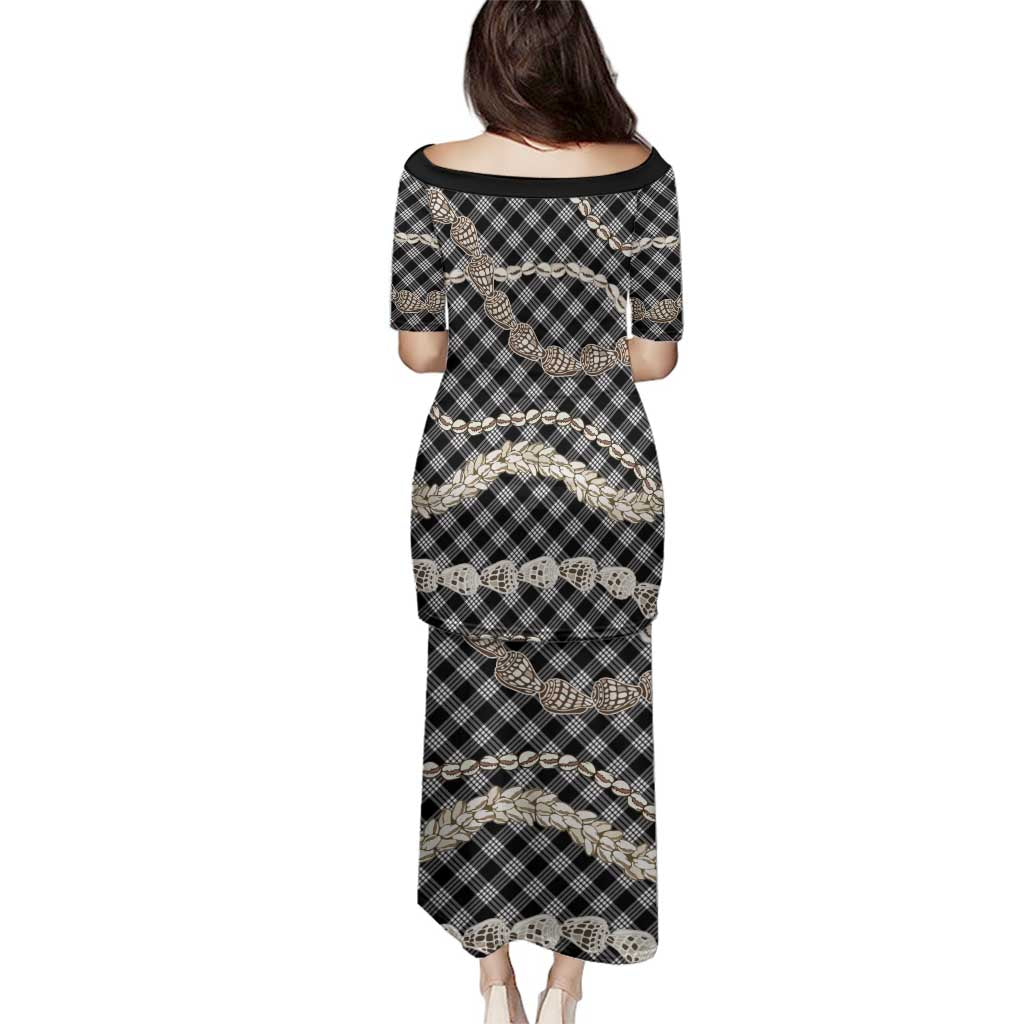 Black Aloha Hawaii Shell Lei Family Matching Puletasi and Hawaiian Shirt Palaka Hebrew Cone Honey Cowrie Elegant Curves - Polynesian Pride