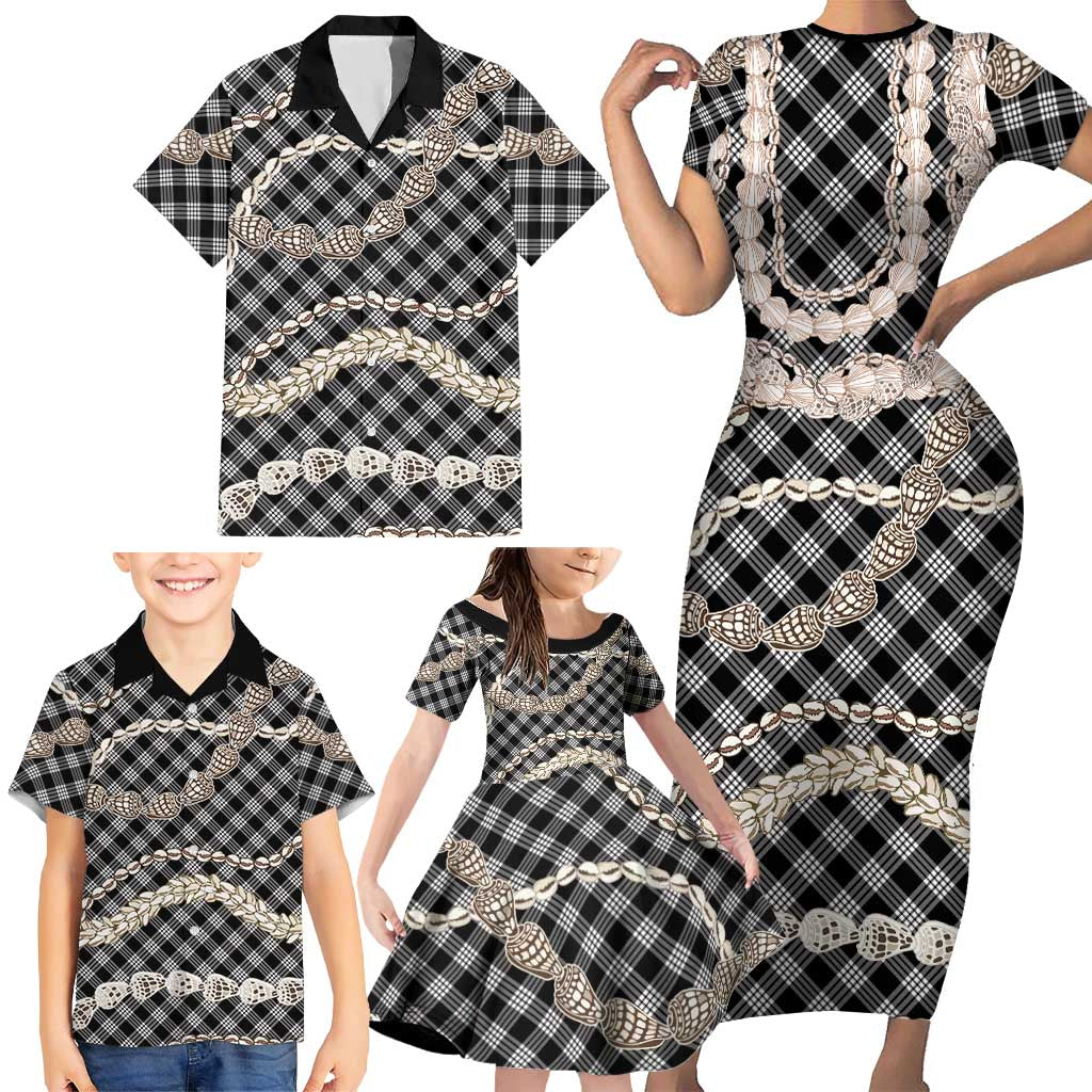 Black Aloha Hawaii Shell Lei Family Matching Short Sleeve Bodycon Dress and Hawaiian Shirt Palaka Hebrew Cone Honey Cowrie Elegant Curves - Polynesian Pride