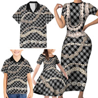 Black Aloha Hawaii Shell Lei Family Matching Short Sleeve Bodycon Dress and Hawaiian Shirt Palaka Hebrew Cone Honey Cowrie Elegant Curves LT14 - Polynesian Pride