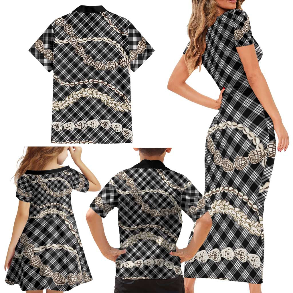 Black Aloha Hawaii Shell Lei Family Matching Short Sleeve Bodycon Dress and Hawaiian Shirt Palaka Hebrew Cone Honey Cowrie Elegant Curves LT14 - Polynesian Pride