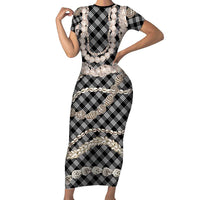 Black Aloha Hawaii Shell Lei Family Matching Short Sleeve Bodycon Dress and Hawaiian Shirt Palaka Hebrew Cone Honey Cowrie Elegant Curves LT14 Mom's Dress Black - Polynesian Pride