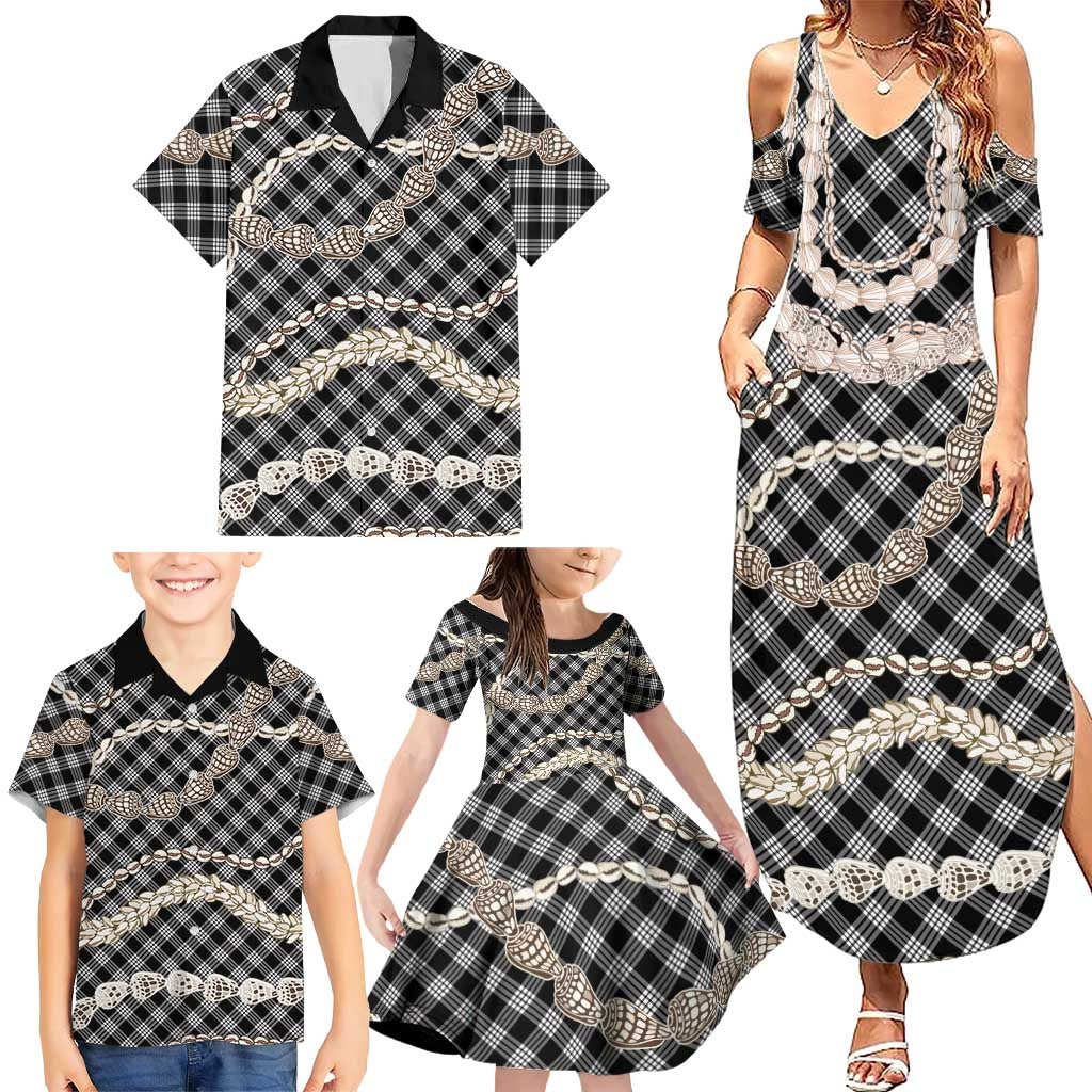 Black Aloha Hawaii Shell Lei Family Matching Summer Maxi Dress and Hawaiian Shirt Palaka Hebrew Cone Honey Cowrie Elegant Curves - Polynesian Pride