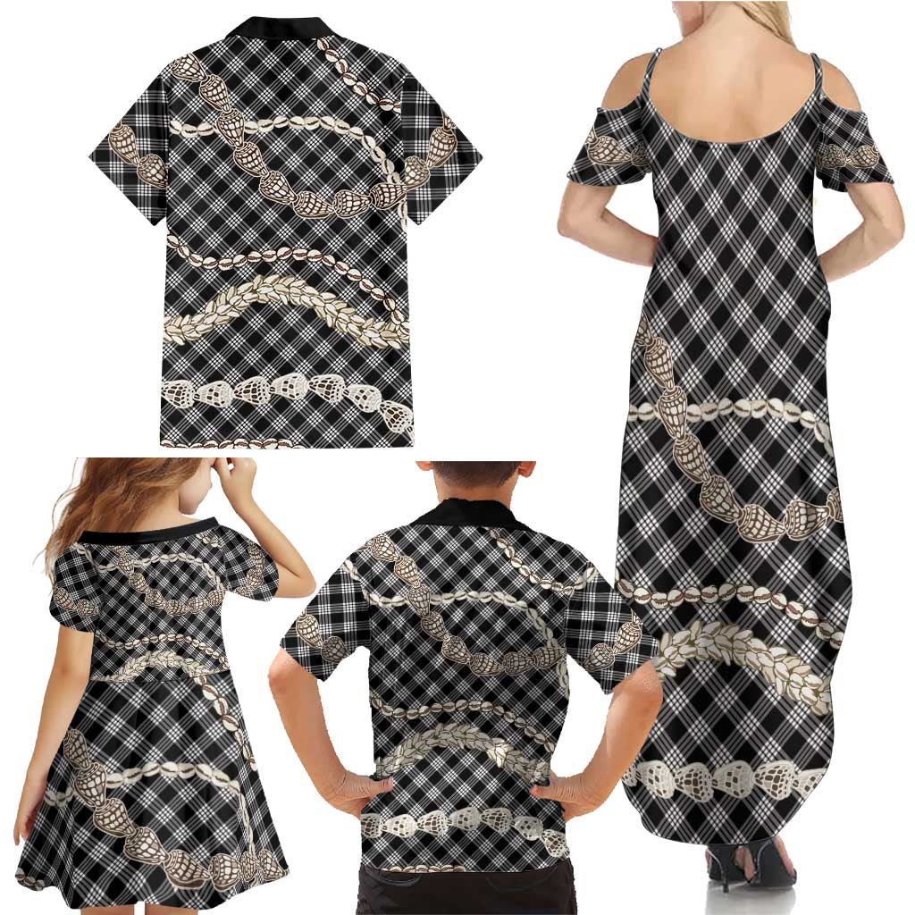 Black Aloha Hawaii Shell Lei Family Matching Summer Maxi Dress and Hawaiian Shirt Palaka Hebrew Cone Honey Cowrie Elegant Curves LT14 - Polynesian Pride