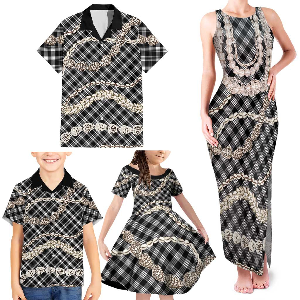 Black Aloha Hawaii Shell Lei Family Matching Tank Maxi Dress and Hawaiian Shirt Palaka Hebrew Cone Honey Cowrie Elegant Curves LT14 - Polynesian Pride