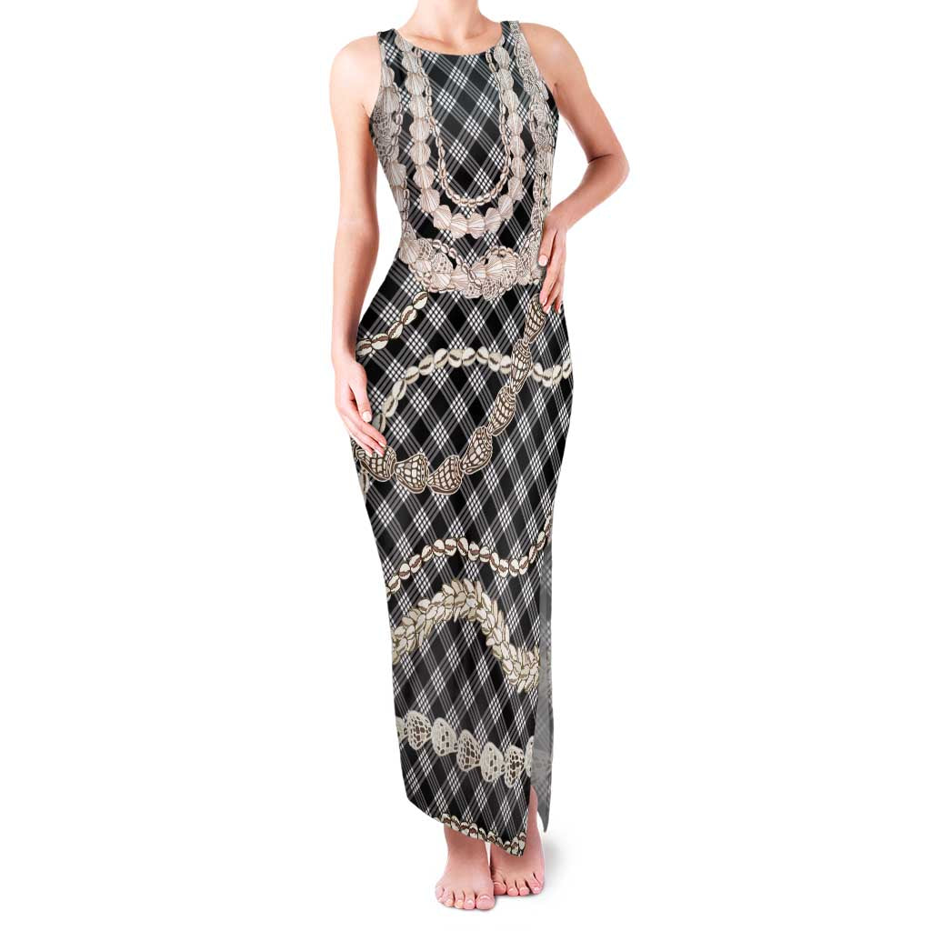 Black Aloha Hawaii Shell Lei Family Matching Tank Maxi Dress and Hawaiian Shirt Palaka Hebrew Cone Honey Cowrie Elegant Curves LT14 Mom's Dress Black - Polynesian Pride