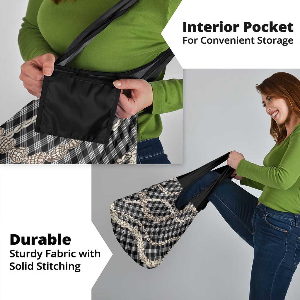 Black Aloha Hawaii Shell Lei Grocery Bag Palaka Hebrew Cone Honey Cowrie Elegant Curves - Polynesian Pride