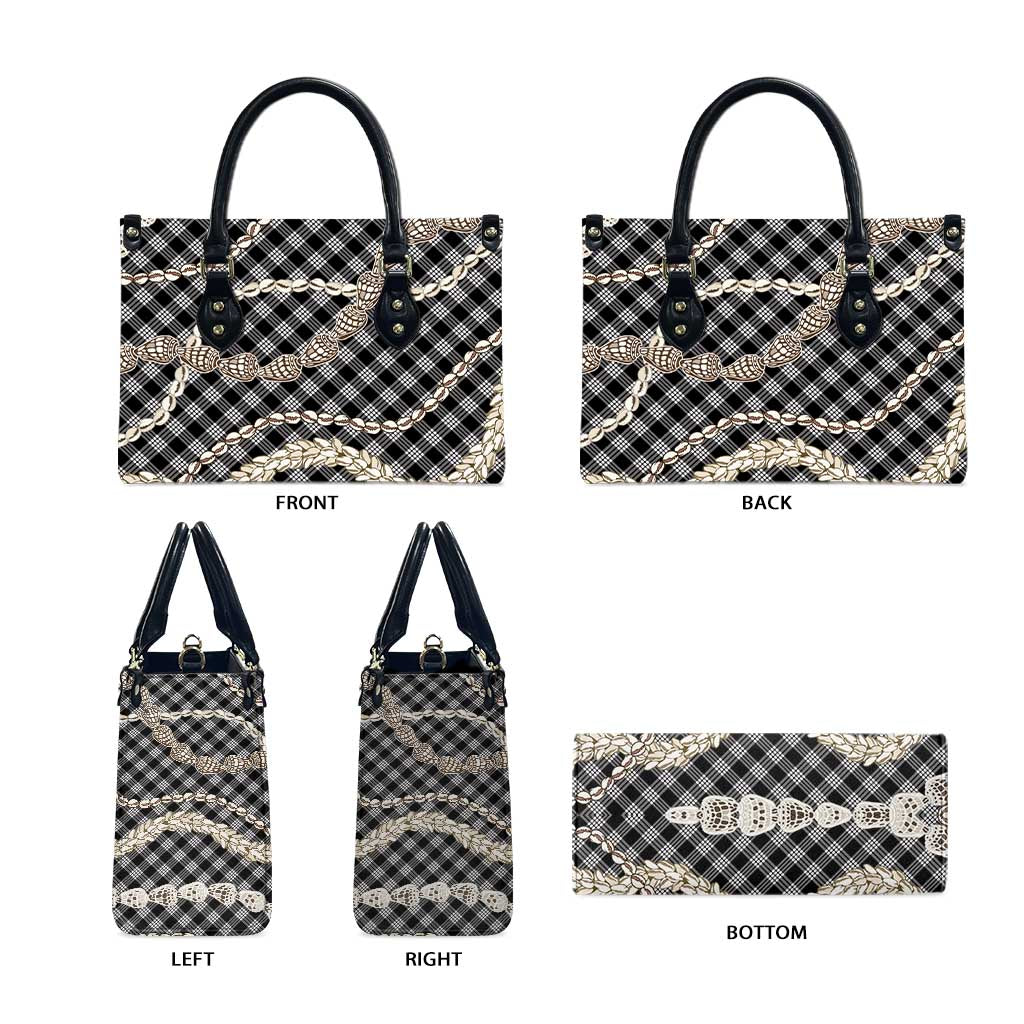 Black Aloha Hawaii Shell Lei Leather Bag Palaka Hebrew Cone Honey Cowrie Elegant Curves - Polynesian Pride