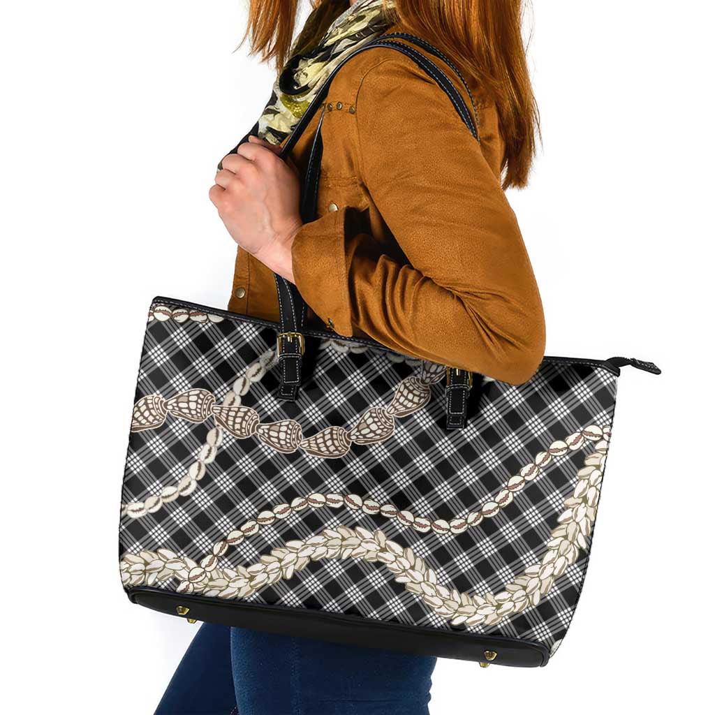Black Aloha Hawaii Shell Lei Leather Tote Bag Palaka Hebrew Cone Honey Cowrie Elegant Curves - Polynesian Pride