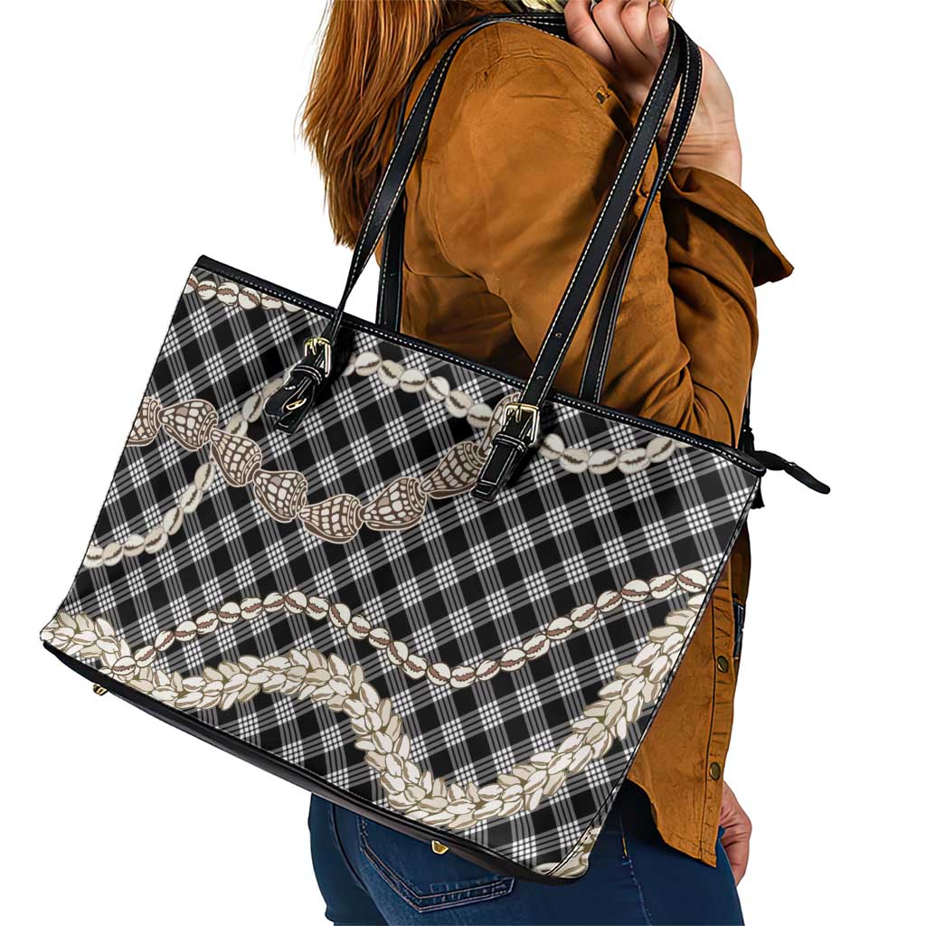 Black Aloha Hawaii Shell Lei Leather Tote Bag Palaka Hebrew Cone Honey Cowrie Elegant Curves - Polynesian Pride