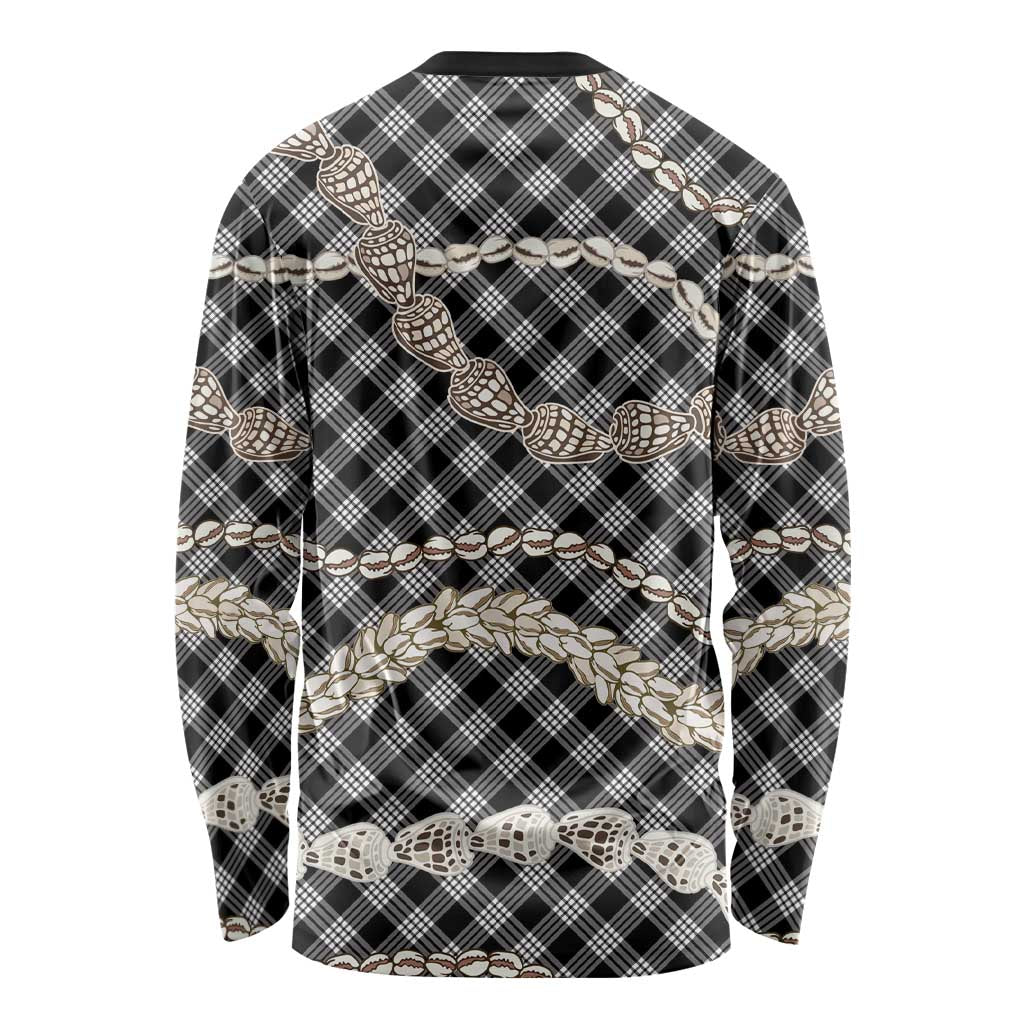 Black Aloha Hawaii Shell Lei Long Sleeve Shirt Palaka Hebrew Cone Honey Cowrie Elegant Curves - Polynesian Pride