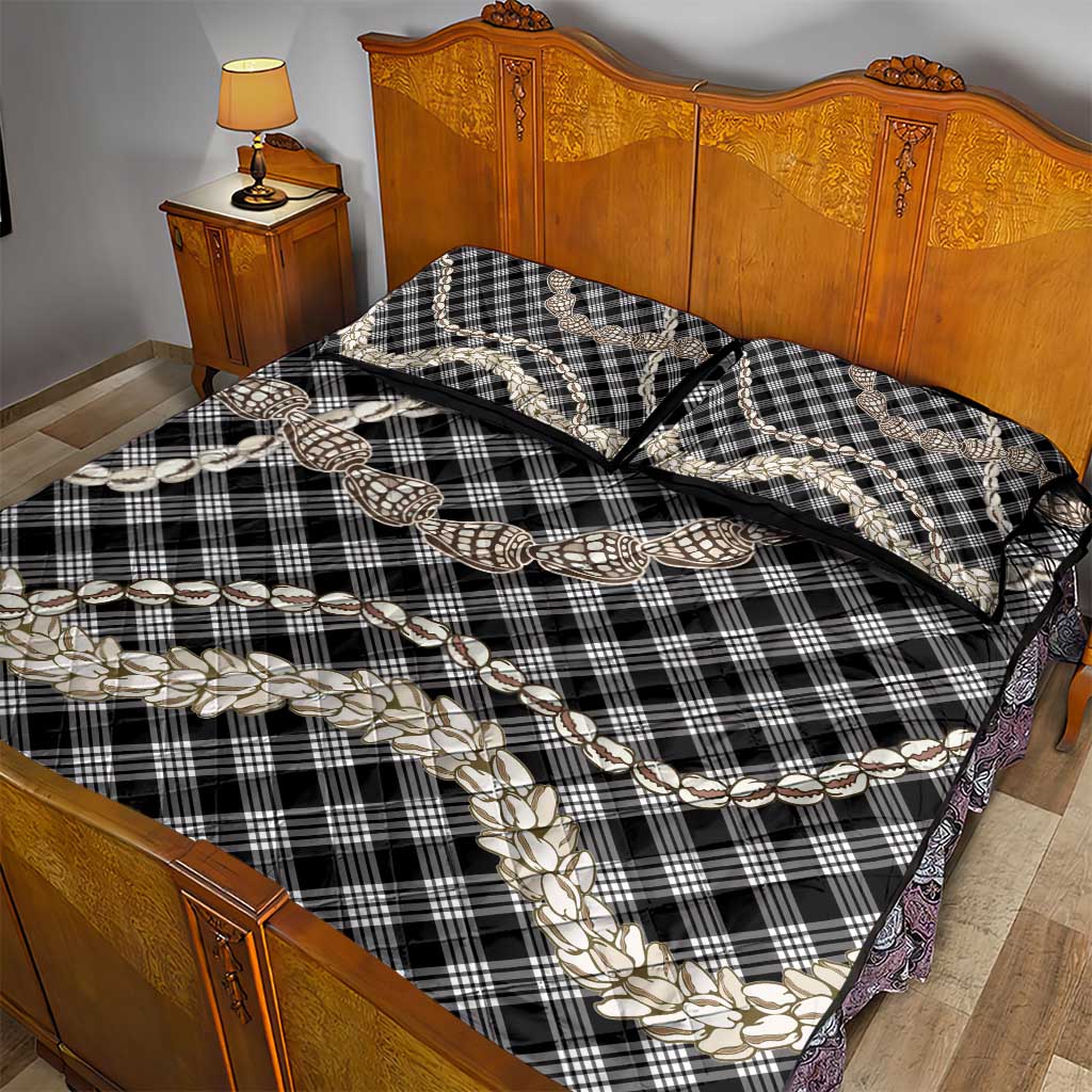 Black Aloha Hawaii Shell Lei Quilt Bed Set Palaka Hebrew Cone Honey Cowrie Elegant Curves - Polynesian Pride