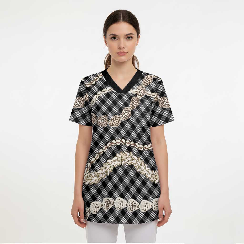 Black Aloha Hawaii Shell Lei Scrub Top Palaka Hebrew Cone Honey Cowrie Elegant Curves - Polynesian Pride