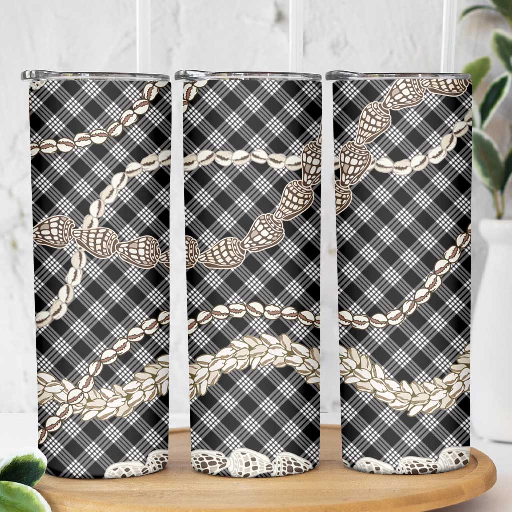 Black Aloha Hawaii Shell Lei Skinny Tumbler Palaka Hebrew Cone Honey Cowrie Elegant Curves - Polynesian Pride