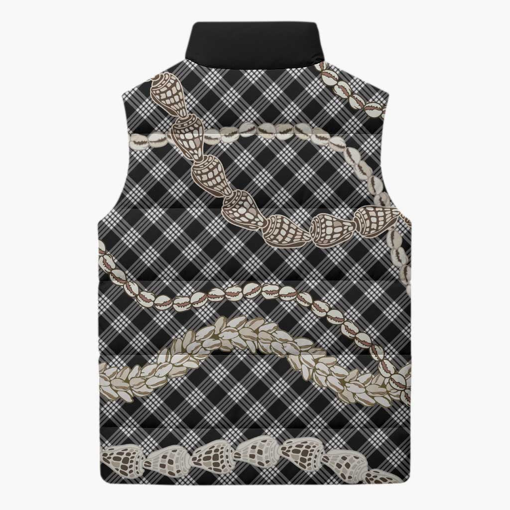 Black Aloha Hawaii Shell Lei Sleeveless Puffer Jacket Palaka Hebrew Cone Honey Cowrie Elegant Curves - Polynesian Pride