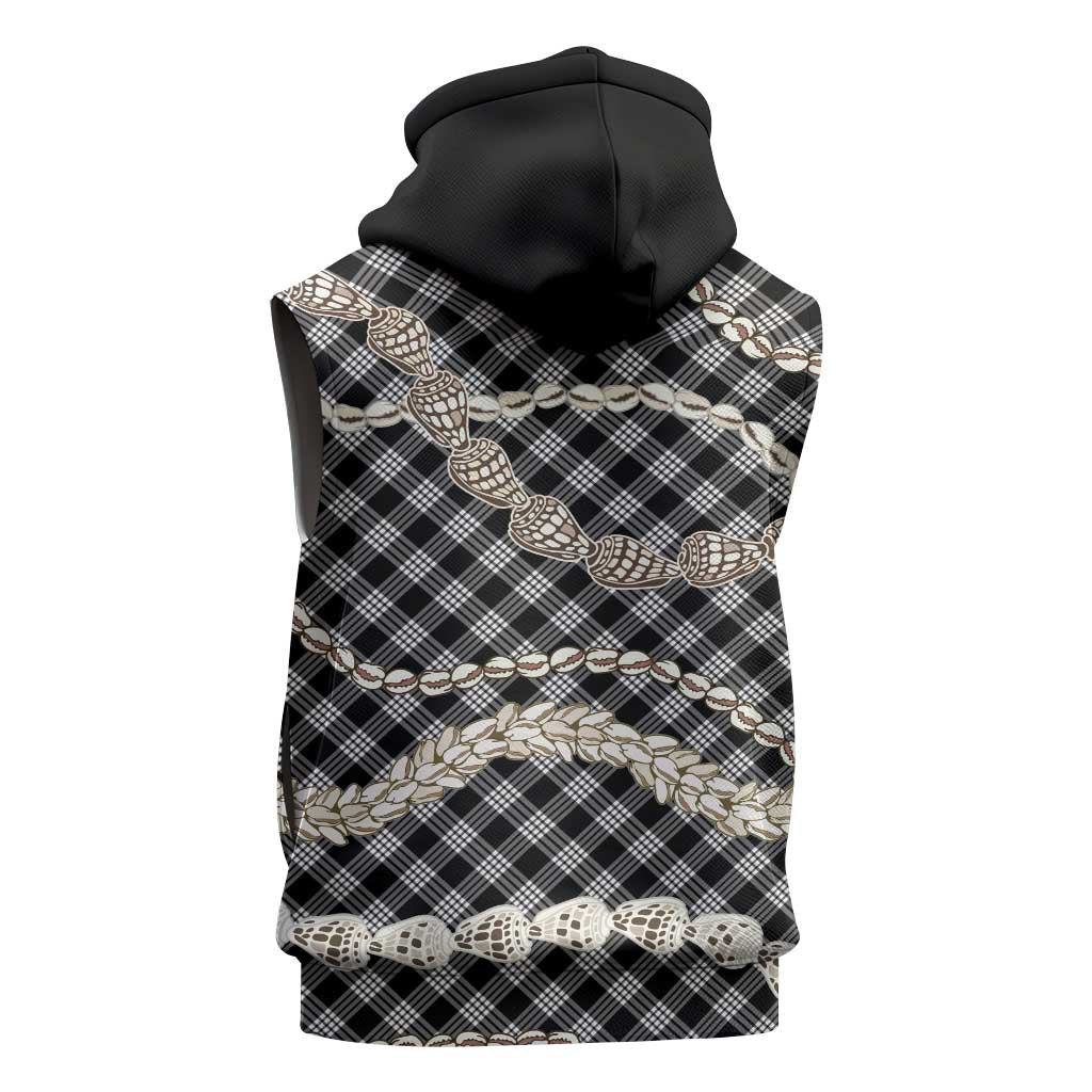 Black Aloha Hawaii Shell Lei Sleeveless Zip Hoodie Palaka Hebrew Cone Honey Cowrie Elegant Curves - Polynesian Pride